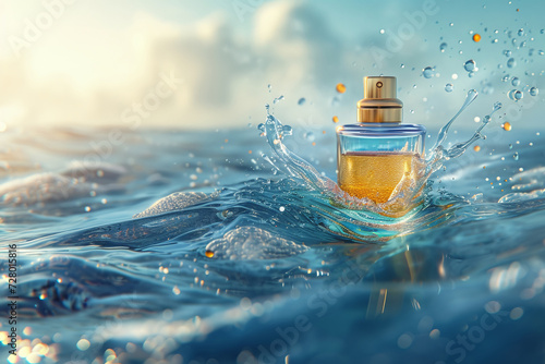 A bottle of cologne in the waves of sea water, a fresh and rich masculine aroma of perfume photo