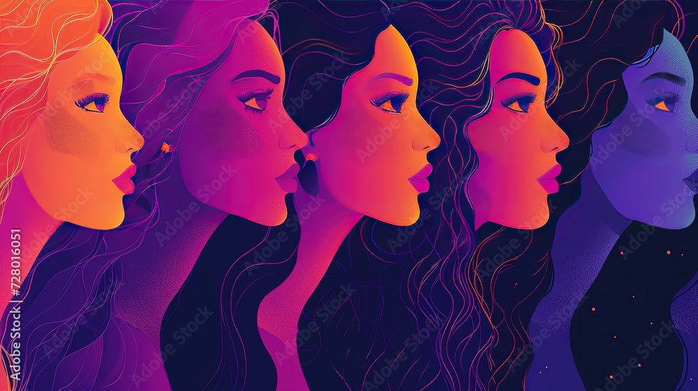 Vibrant and diverse group of young women in glowing neon colors for beauty or fashion campaign. Vibrant and diverse group of young women in glowing neon colors for beauty or fashion campaign.