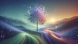 Tranquil Tree: Abstract landscape representing cohort analysis with a stylized tree and soothing colors.
