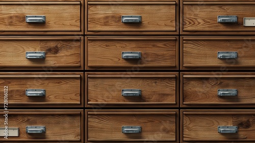 Detailed view of a large wooden filing cabinet system with numerous drawers