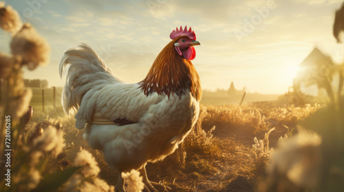 Rooster at Sunrise on a Rustic Farm