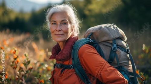 Attractive elderly woman traveling with a backpack