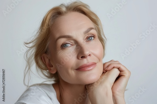 Beautiful mature woman in her 50s, isolated on white background. skin care cosmetics concept