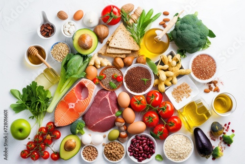 Food pyramid: Top view of various kinds of multicolored food types like meat, seafood, honey, eggs, fish, cocoa beans, olive oil, legumes