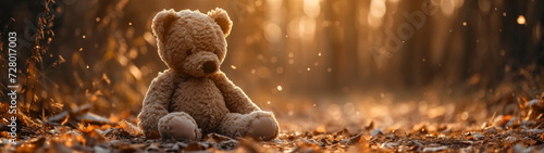 teddy bear sitting in the autumn forest photo
