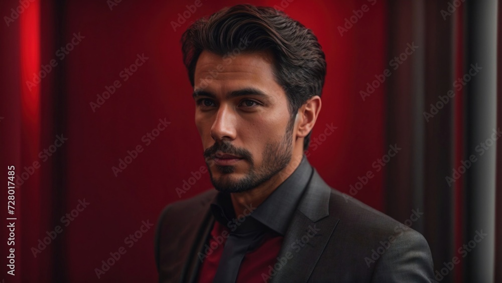 Fototapeta premium portrait of a rich man, lux, modern , red, black, successful man, hair style, model, fashion, groom