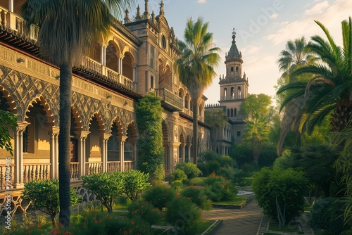 AI generated illustration of the Alcazar of Seville at dawn