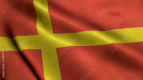 The Scanian Flag in South of Sweden Province of Skane. Waving  Fabric Satin Texture Flag of Skane 3d Illustration. Real Texture Flag of the Scania. This Flag is a Combo of the Danish and Swedish Flags