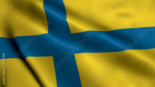Flag of the Swedish Region Ostergotland. Waving  Fabric Satin Texture Flag of Ostergotland 3D illustration. Real Texture Flag of the Ostergotland, Swedish Flags.