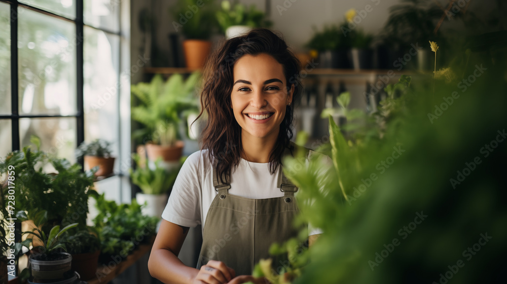 Woman florist in a plant store. Lots of green plants indoors Woman florist in a plant store. Lots of green plants indoors