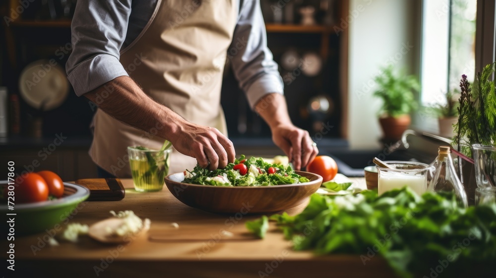 Man is preparing a salad in his home kitchen