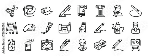 set of 24 outline web art studio icons such as scissors, paint bucket, paper roll, pen, sketchbook, column, artist vector icons for report, presentation, diagram, web design, mobile app