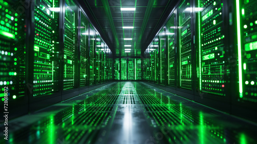 .Futuristic Server Room with Glowing Green Lights. High-tech server room with racks of data servers and glowing green LED lights, symbolizing modern data center technology.