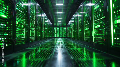 .Futuristic Server Room with Glowing Green Lights. High-tech server room with racks of data servers and glowing green LED lights, symbolizing modern data center technology. © AIPhoto