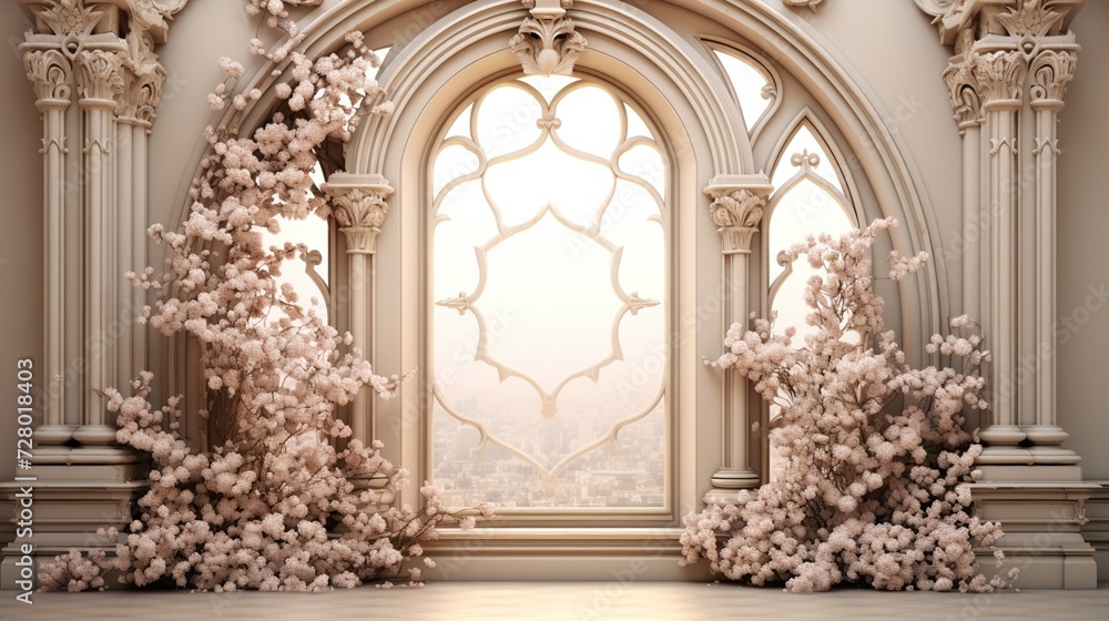 A baroque with bunch of flowers on the wall. Wedding background decoration concept.