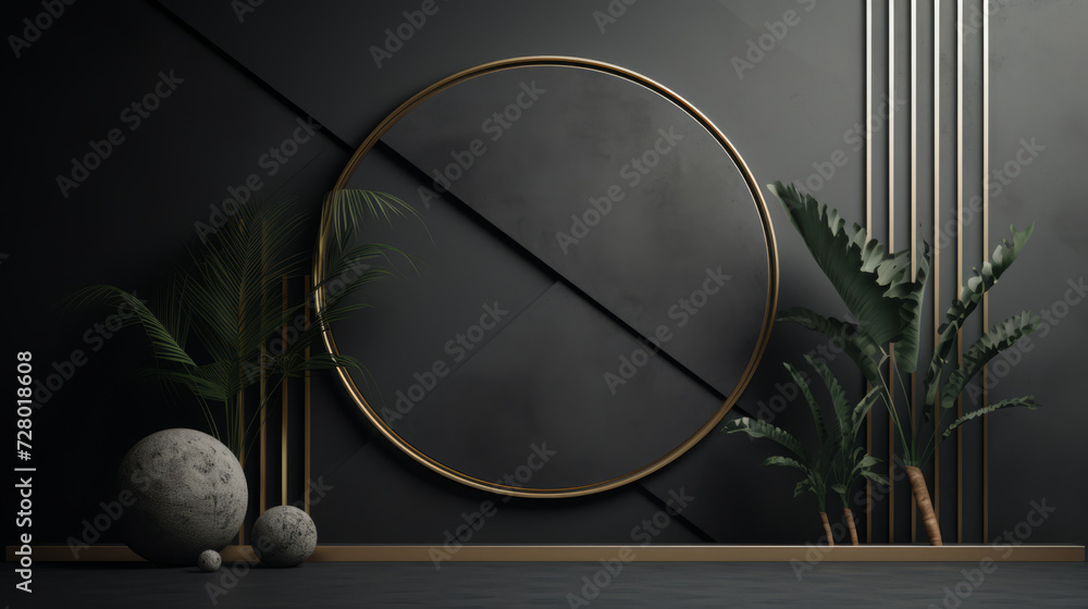 Modern minimalistic design featuring textured spheres, tropical plants, and a circular golden frame on a dark geometric background