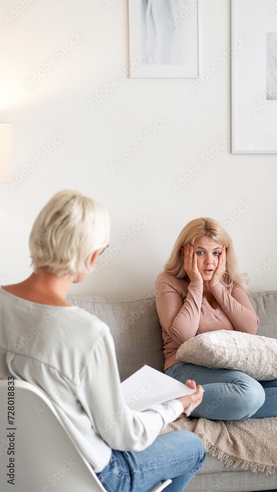 Therapist session. Mental health. Exhausted unhappy woman in depression sharing feelings with psychologist at professional clinic office copy space. Therapist session. Mental health. Exhausted unhappy woman in depression sharing feelings with psychologist at professional clinic office copy space.