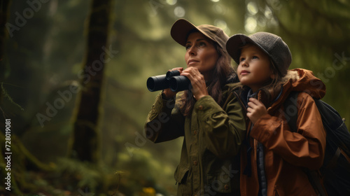 Mother and Child on a Forest Adventure Peering Through Binoculars