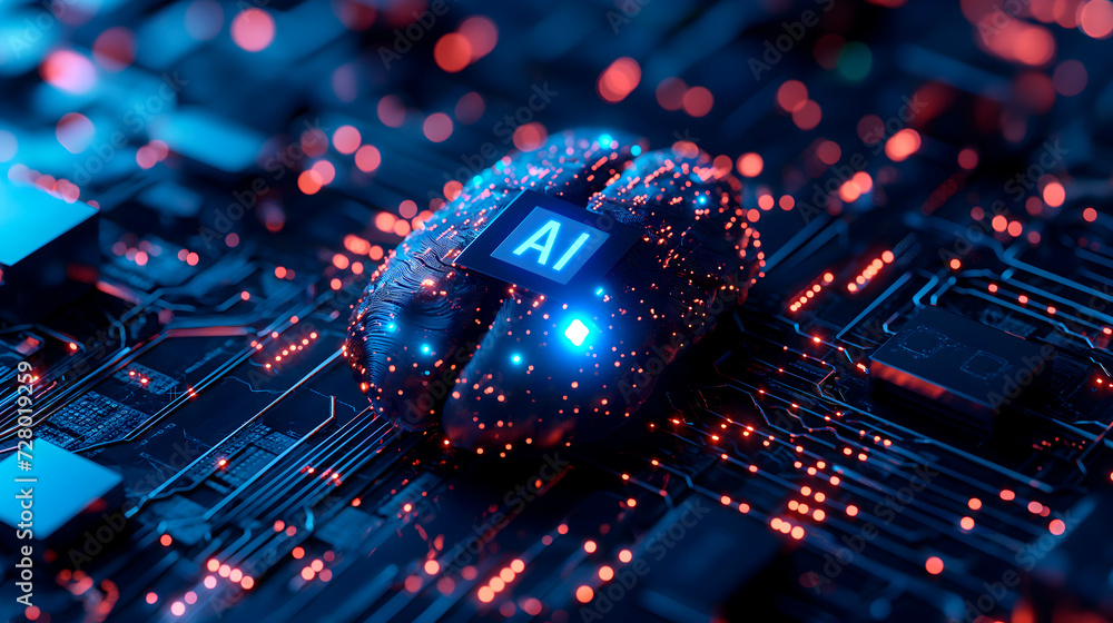Obraz premium Concepto de la integración de inteligencia artificial en el mundo actual a través de una imagen de un cerebro humano en lugar de un procesador en una placa de un ordenador.