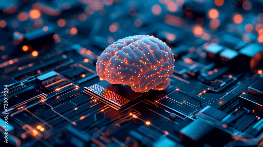 Concepto de la integración de inteligencia artificial en el mundo actual  a través de una imagen de un cerebro humano en lugar de un procesador en una placa de un ordenador. - obrazy, fototapety, plakaty 