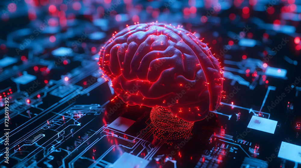 Concepto de la integración de inteligencia artificial en el mundo actual  a través de una imagen de un cerebro humano en lugar de un procesador en una placa de un ordenador. - obrazy, fototapety, plakaty 