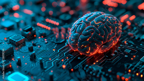 Concepto de la integración de inteligencia artificial en el mundo actual a través de una imagen de un cerebro humano en lugar de un procesador en una placa de un ordenador.
