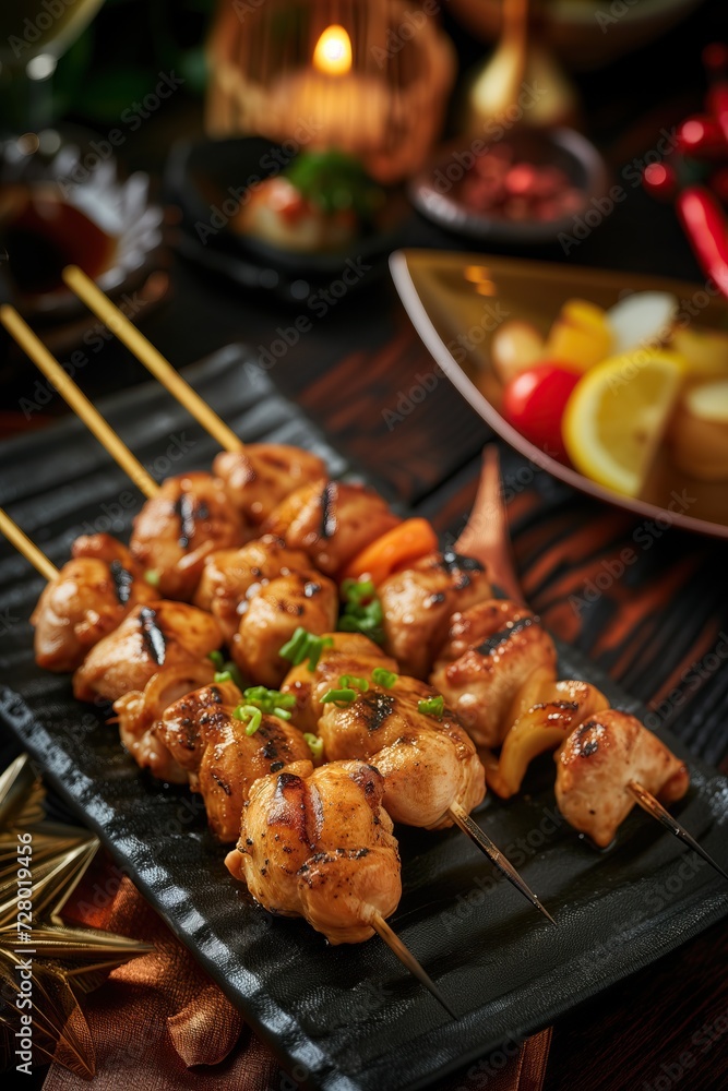 Chicken kebabs on skewers yakitoria. Traditional Japanese dish cooked over open coals.