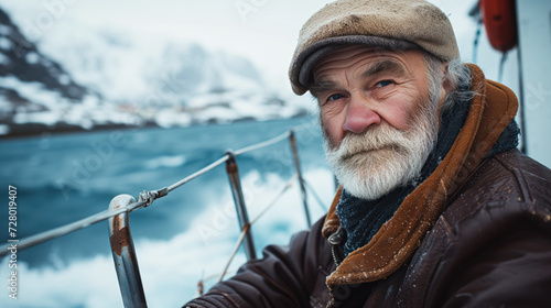 Portrait of a good-natured plump elderly man with a skipper's beard, wearing an old worn leather jacket, the North Sea at the background. Concept of active age