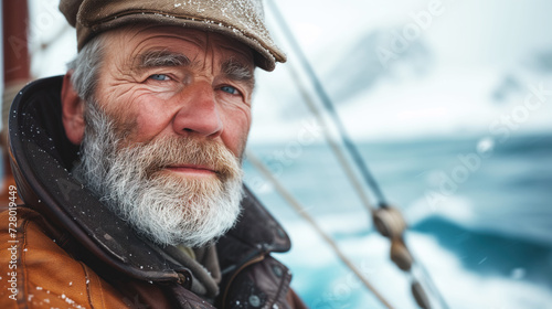 Portrait of a good-natured plump elderly man with a skipper's beard, wearing an old worn leather jacket, the North Sea at the background. Concept of active age