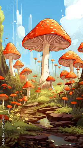 Illustrated cartoon mushroom, wild growing mushroom, mushroom illustration