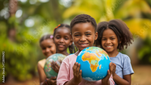 Children from Africa carry a ball that resembles the Earth, expressing joy in being a part of it, as if to convey the message: the Earth belongs to us all