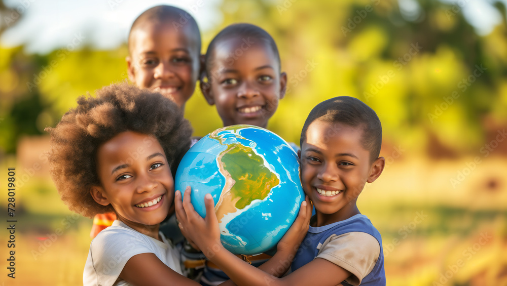 Children from Africa carry a ball that resembles the Earth, expressing joy in being a part of it, as if to convey the message: the Earth belongs to us all Children from Africa carry a ball that resembles the Earth, expressing joy in being a part of it, as if to convey the message: the Earth belongs to us all