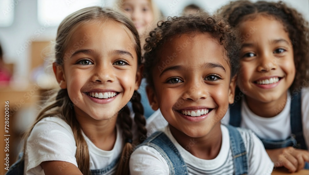 Group of cheerful children with big smiles in a classroom setting, showcasing diversity and friendship with a focus on three happy faces in the foreground. Group of cheerful children with big smiles in a classroom setting, showcasing diversity and friendship with a focus on three happy faces in the foreground.