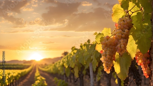 Sunset over a vineyard, golden light illuminating grape clusters. generative AI