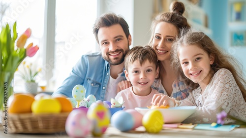 Heartwarming banner showcasing a family enjoying Easter traditions. Emphasize a festive meal, egg painting, or a picturesque Easter morning scene.