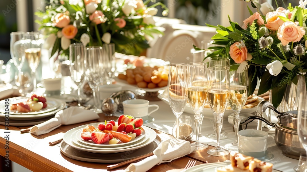 Easter dining experience with an elegant brunch banner. Highlight a beautifully set table with exquisite decorations, showcasing the sophistication of your special Easter meal.