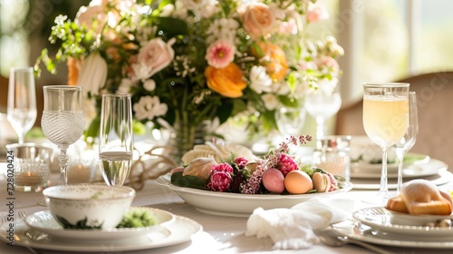 Easter dining experience with an elegant brunch banner. Highlight a beautifully set table with exquisite decorations, showcasing the sophistication of your special Easter meal.