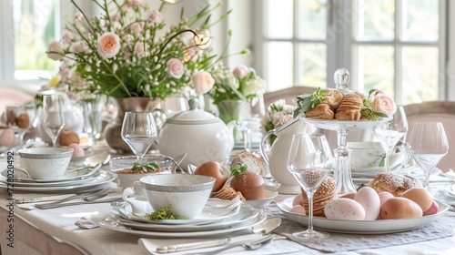 Wallpaper Mural Easter dining experience with an elegant brunch banner. Highlight a beautifully set table with exquisite decorations, showcasing the sophistication of your special Easter meal. Torontodigital.ca