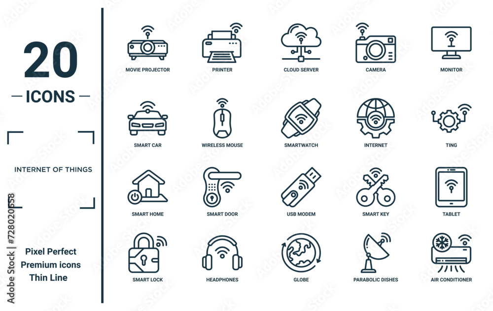 Vetor de internet of things linear icon set. includes thin line movie ...