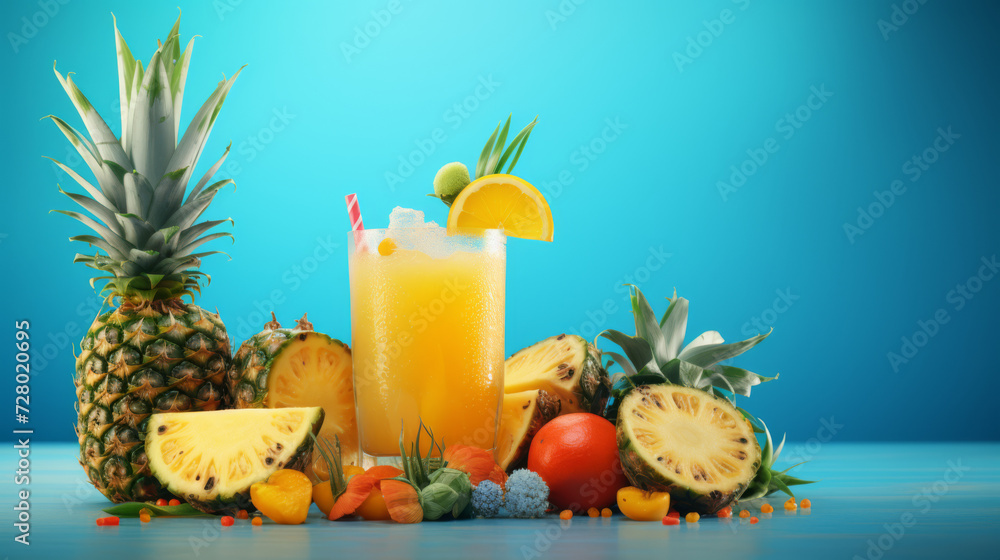 Tropical Pineapple Juice and Fresh Fruits on a Blue Background Tropical Pineapple Juice and Fresh Fruits on a Blue Background