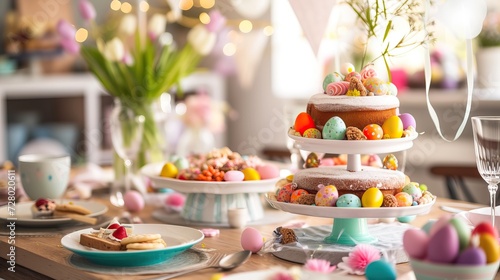 Showcase a delightful Easter feast with a banner featuring a beautifully set table, and colorful Easter eggs.