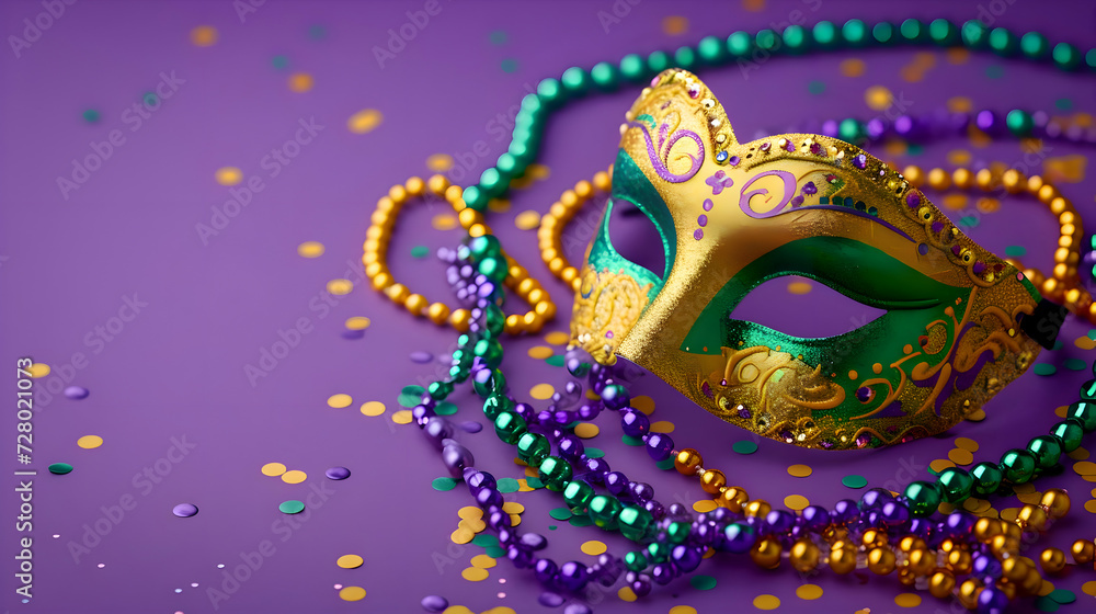 Top view of gold Mardi Gras carnival mask and beads on purple background with beads and glitter and bright. High-resolution
