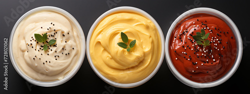 Bowls of ketchup mayonnaise and mustard isolated on white background, top view