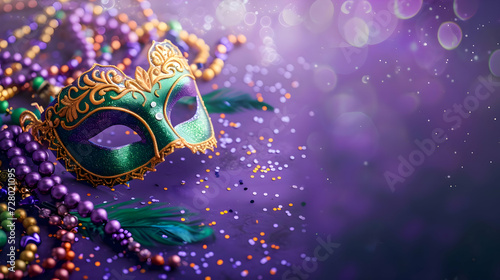 Top view of gold Mardi Gras carnival mask and beads on purple background with beads and glitter and bright. High-resolution