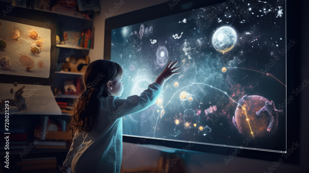 Interacting with pupils. Girl using an AI interactive whiteboard to learn Astrology