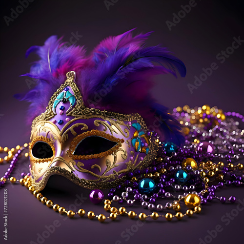 Cinematic photo of Mardi Gras carnival mask with feathers and beads on purple with lots of glitter, beads, and bright. High-resolution © fillmana