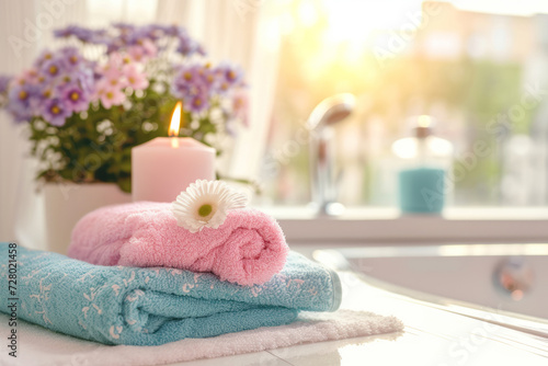Bathroom with soft pastel towels and candles. Generative AI