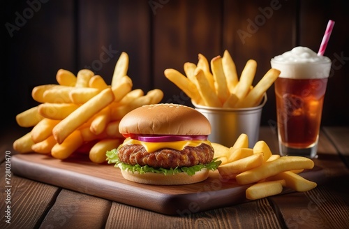 Fast food set (fries, drink, burger) on wooden background. Generated AI