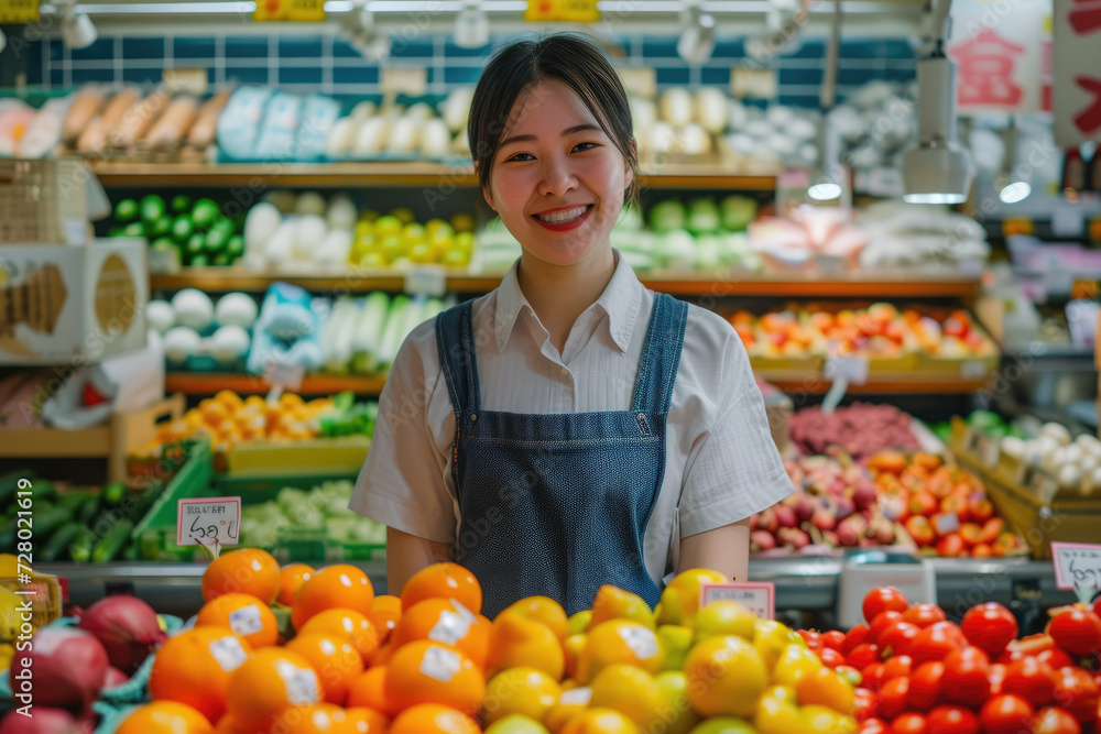 A friendly grocery store clerk, dressed in a white shirt and blue apron, smiles warmly in front of a colorful display of fresh produce.