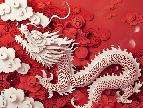 Chinese New Year greeting cards with paper cut style, Dragon with clouds on red background. High-resolution